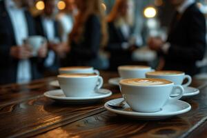 ai gegenereerd bedrijf mensen staand in de omgeving van een tafel met koffie foto