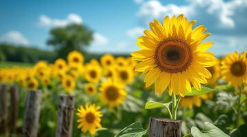 ai gegenereerd gouden zonnebloem Aan veld- en blauw lucht voorraad foto