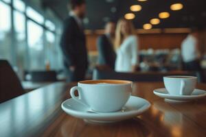 ai gegenereerd bedrijf mensen staand in de omgeving van een tafel met koffie foto