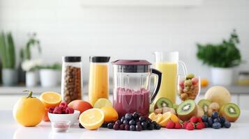 ai gegenereerd ingrediënten voor smoothie vers fruit en groenten met modern automatisch menger of blender Aan wit keuken tafel voor maken smoothie en sap. gezond aan het eten concept foto