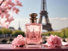 ai gegenereerd een glas fles van parfum, in roze tonen, in de buurt de eiffel toren foto