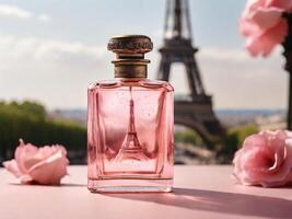 ai gegenereerd een glas fles van parfum, in roze tonen, in de buurt de eiffel toren foto