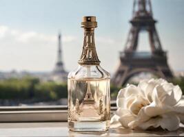 ai gegenereerd een glas fles van parfum, in wit tonen, in de buurt de eiffel toren foto