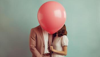 ai gegenereerd paar in liefde aan het bedekken hun gezicht met een hartvormig ballon en zoenen foto