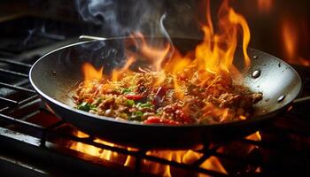 ai gegenereerd een detailopname van een chef-kok pan Aan een fornuis, vlammen dansen net zo ingrediënten sissen voor een smakelijk maaltijd foto