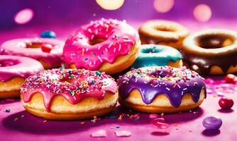 ai gegenereerd zich afvragen helder kleurrijk roze Purper vreugde donuts in duidelijk achtergrond en bokeh zacht licht vlekken achtergrond. foto