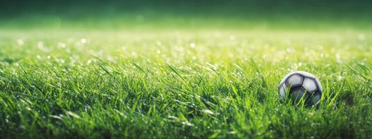 ai gegenereerd de concept van sport en spel afgebeeld in een detailopname beeld van een voetbal veld- tonen lijnen en gras. voetbal bal foto