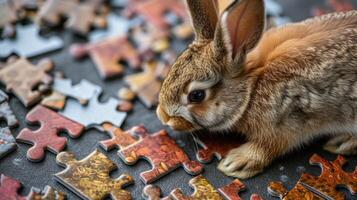 ai gegenereerd aanbiddelijk top visie van een schattig konijn oplossen een decoupeerzaag puzzel, speels en slim. ai gegenereerd foto