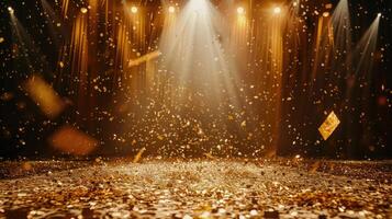 ai gegenereerd feestelijk stadium verlichte door een centraal licht straal, versierd met gouden confetti regen. ai gegenereerd foto