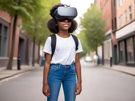 ai gegenereerd afro Amerikaans tiener meisje draagt virtueel realiteit helmer Aan straat. foto