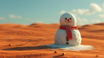 ai gegenereerd surrealistische tafereel van een smelten sneeuwman in de woestijn, naast elkaar de winter einde met de dor landschap. ai gegenereerd foto