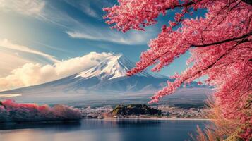 ai gegenereerd iconisch monteren fuji omringd door roze bomen creëert een verbijsterend reizen bestemming, ai gegenereerd foto