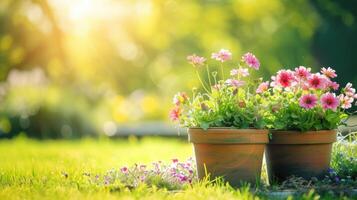 ai gegenereerd een zonnig tuin backdrop met bloempotten, cultiveren een levendig symfonie van voorjaar bloeit, ai gegenereerd. foto