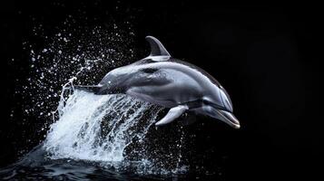 ai gegenereerd een schattig dolfijn sprongen te midden van spatten Aan een zwart achtergrond. ai gegenereerd. foto
