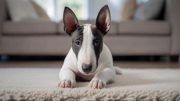 ai gegenereerd schattig stier terriër gezellig leugens Aan een wit tapijt, toevoegen een verrukkelijk tintje naar de leven kamer, ai gegenereerd. foto