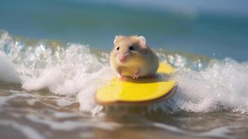ai gegenereerd een schattig hamster surfer geniet een leuk gevuld zomer dag Bij de strand, rijden golven met enthousiasme, ai gegenereerd. foto