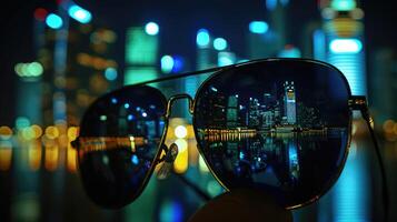 ai gegenereerd stedelijk lichten dans in zonnebril lenzen, framing een betoverend nachtelijk stadsgezicht, ai gegenereerd. foto