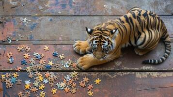 ai gegenereerd aanbiddelijk tijger verdiept in een verrukkelijk decoupeerzaag puzzel, ai gegenereerd. foto