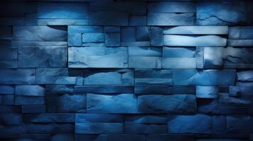 ai gegenereerd bouwkundig detail van een blauw verlicht getextureerde steen muur, toevoegen een modern en intrigerend sfeer. ai gegenereerd. foto