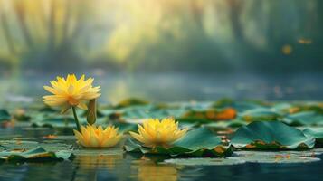 ai gegenereerd gouden tinten van herfst genade de meer, versierd met geel lotus bloemen een sereen dans van van de natuur elegantie. ai gegenereerd foto