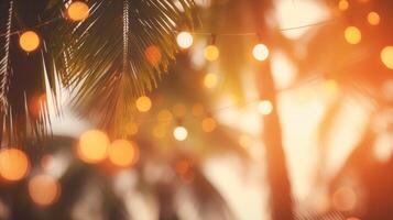 ai gegenereerd een palm boom staat tegen een wazig achtergrond met bokeh onscherp lichten, ai gegenereerd foto