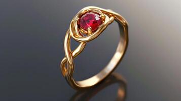 ai gegenereerd een robijn goud ring, een symfonie van elegantie en weelde, vereerd met de rijk gloed van kostbaar metaal en levendig edelsteen, ai gegenereerd. foto