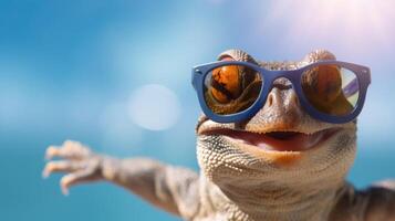 ai gegenereerd ervaring de intensiteit van een hagedis springend op de strand in een verbijsterend detailopname foto, ai gegenereerd. foto