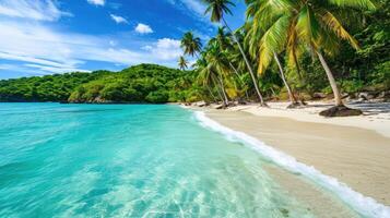 ai gegenereerd paradijs strand met palm bomen, kalmte oceaan, zonneschijn, en een blauw lucht in een panoramisch spandoek. ai gegenereerd. foto