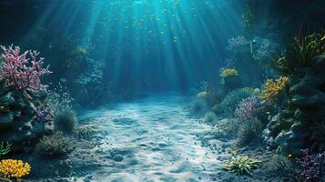 ai gegenereerd onderwater- oceaan landschap met klei koraal riffen, creëren een betoverend 3d achtergrond ontwerp. ai gegenereerd foto