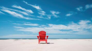 ai gegenereerd eenzaam rood stoel Aan zanderig strand onder Doorzichtig blauw luchten, rustig rust. ai gegenereerd foto