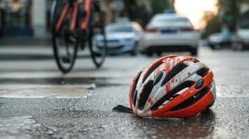 ai gegenereerd een fiets helm rust Aan bestrating naast een fiets in de stad. stedelijk nevenschikking, ai gegenereerd. foto
