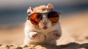 ai gegenereerd ervaring de intensiteit van een hamster springend op de strand in een verbijsterend detailopname foto, ai gegenereerd. foto