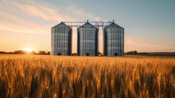 ai gegenereerd silo's staan hoog in een tarwe veld, symboliseert de opslagruimte van agrarisch overvloed. landbouw concept. ai gegenereerd. foto