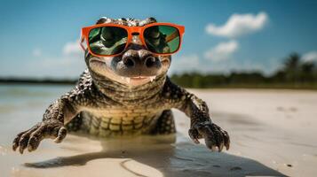 ai gegenereerd ervaring de intensiteit van een alligator springend op de strand in een verbijsterend detailopname foto. ai gegenereerd foto