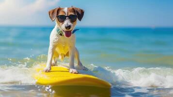 ai gegenereerd een schattig hond surfer geniet een leuk gevuld zomer dag Bij de strand, rijden golven met enthousiasme, ai gegenereerd. foto