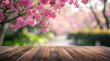 ai gegenereerd een leeg houten tafel, een sereen canvas, met een wazig sakura boom tuin, ai gegenereerd. foto