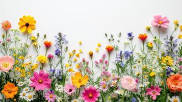 ai gegenereerd kleurrijk bloemen geregeld in een charmant kader tegen een schoon wit achtergrond, ai gegenereerd. foto