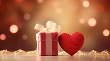 ai gegenereerd rood geschenk doos met een beige lint naast een gebreid hart, creëren een warm gebaar. ai gegenereerd foto