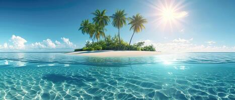 ai gegenereerd panorama van een sereen eiland - Doorzichtig lagune, palm omzoomd oever, helder zon, blauw lucht. ai gegenereerd. foto