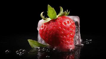 ai gegenereerd aardbei bevroren in een ijs kubus, glinsterend tegen een strak zwart achtergrond, ai gegenereerd. foto