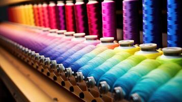 ai gegenereerd levendig rijen van draad spoelen creëren een kleurrijk tapijtwerk, een symfonie van tinten. ai gegenereerd foto