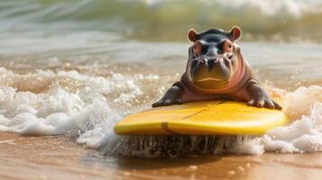 ai gegenereerd een schattig nijlpaard surfer geniet een leuk gevuld zomer dag Bij de strand, rijden golven met enthousiasme, ai gegenereerd. foto