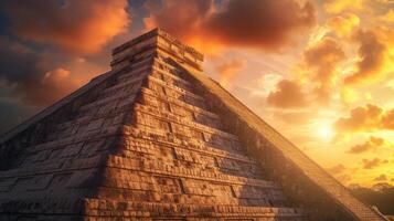 ai gegenereerd oude piramide in warm zonsondergang tonen, badend in sterk kant verlichting. ai gegenereerd foto