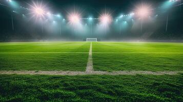 ai gegenereerd groen voetbal veld- verlichte door helder schijnwerpers, creëren een levendig en energiek atmosfeer. ai gegenereerd. foto