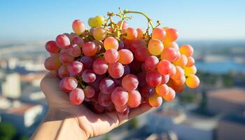 ai gegenereerd gezond aan het eten buitenshuis vers fruit, wijngaard, en biologisch oogst gegenereerd door ai foto