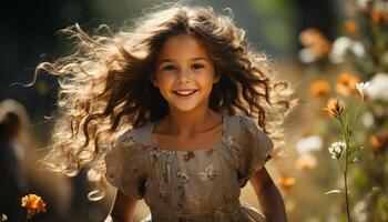 ai gegenereerd glimlachen meisje geniet natuur, zorgeloos en gelukkig in de zon gegenereerd door ai foto