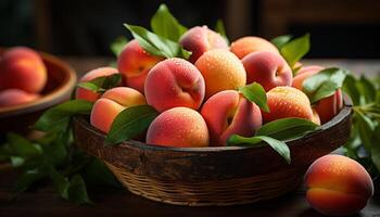 ai gegenereerd vers, rijp fruit in een houten schaal, een gezond zomer tussendoortje gegenereerd door ai foto