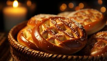 ai gegenereerd eigengemaakt gebakken brood, zoet taart, en toegeeflijk chocola toetje gegenereerd door ai foto