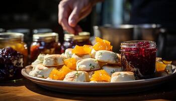 ai gegenereerd vers fruit toetje Aan houten tafel, gezond eigengemaakt vegetarisch tussendoortje gegenereerd door ai foto