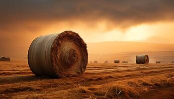 ai gegenereerd gouden hooibergen rollen aan de overkant de landelijk weide Bij zonsondergang gegenereerd door ai foto